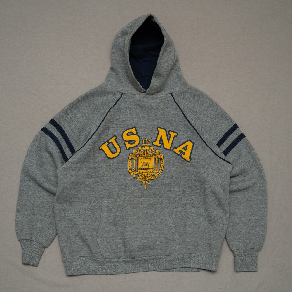 Vintage 70s 80s USNA US Naval Academy Velva Sheen Raglan Hoodie Adult L Gray